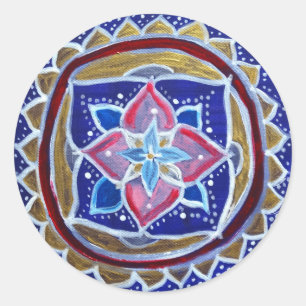 Blauw Goud Mandala Classic Ronde Sticker, Glanzend Sticker