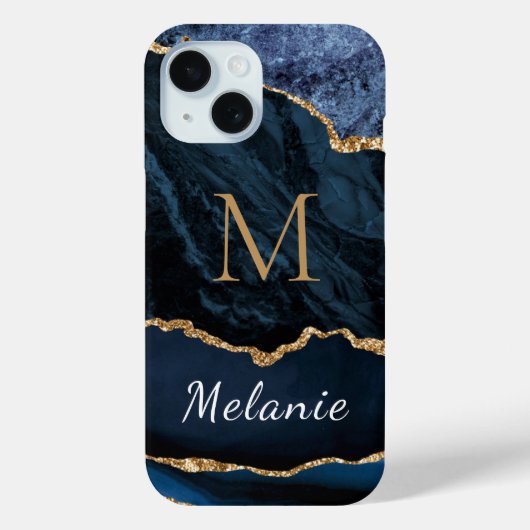 Blauw Goud Marmer Custom Letter Naam iPhone Case (Achterkant)