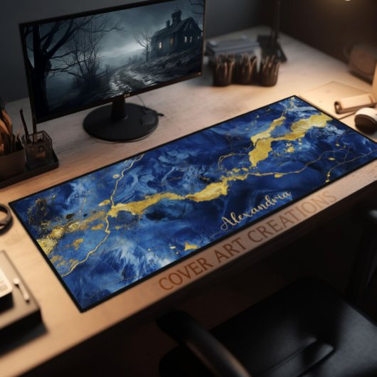 Blauw & Goud Marmeren Textuur Gepersonaliseerde We Bureaumat