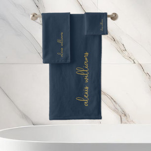 Blauw Goud Minimalistisch Script Signature Monogra Bad Handdoek