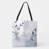 Blauw Goud Moderne Bloem Initialen Monogram Draagtas (Voorkant)