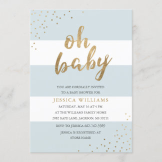 Blauw & Goud Moderne Strepen Oh Baby shower Invite Kaart