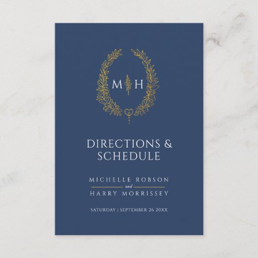 Blauw goud monogram bruiloft routebeschrijving en  informatiekaartje (Voorkant)