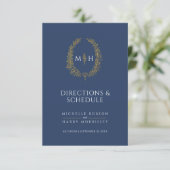 Blauw goud monogram bruiloft routebeschrijving en  informatiekaartje (Staand voorkant)