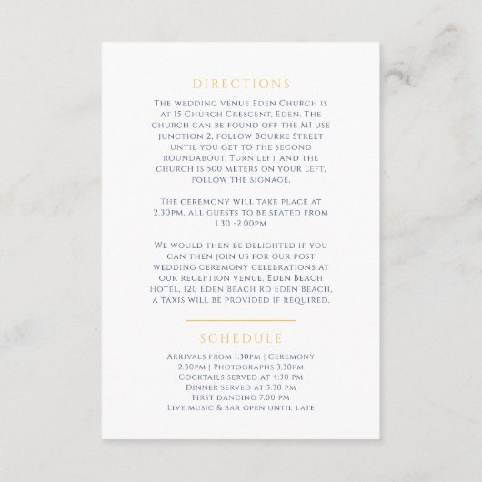 Blauw goud monogram bruiloft routebeschrijving en informatiekaartje (Achterkant)