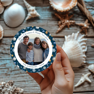Blauw & Goud Nautische Sneeuwvlokken Kerstfoto Ronde Sticker