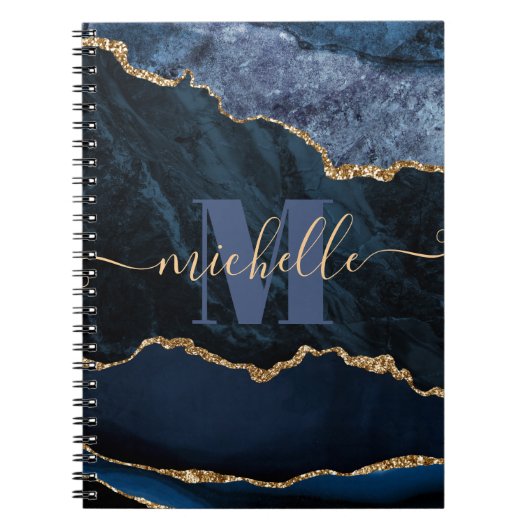 Blauw & Goud Nep Glitter Marmer Agaat Notitieboek (Voorkant)
