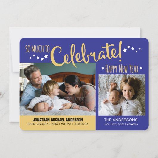 Blauw & Goud Nieuwjaar Foto Baby Jongen Aankondigi Feestdagenkaart (Voorkant)