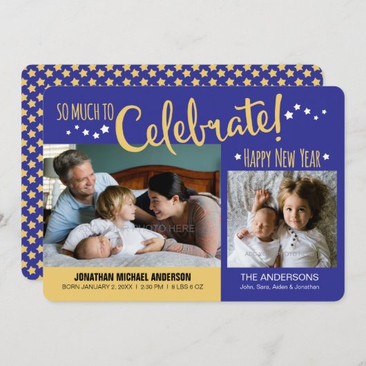 Blauw & Goud Nieuwjaar Foto Baby Jongen Aankondigi Feestdagenkaart (Voorkant / Achterkant)
