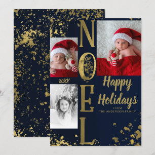 Blauw & Goud NOEL Kerst Splatter Foto Kaart