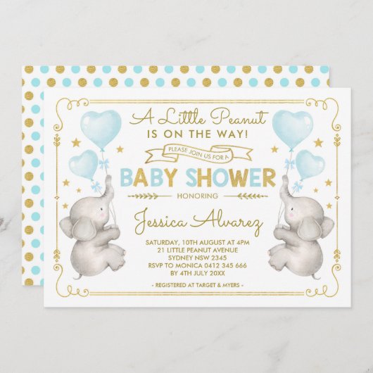 Blauw Goud Olifant Baby shower Jongen Oerwoud Uitn Kaart (Voorkant / Achterkant)