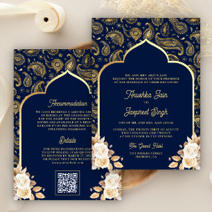Blauw Goud Paisley Bloemen QR Code Indiase bruilof Kaart