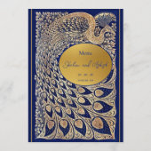 Blauw Goud Pauw Art Nouveau Huwelijk Flat Menu (Achterkant)