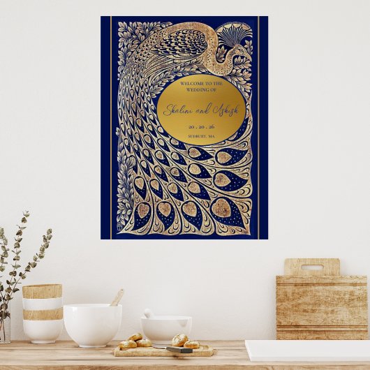 Blauw Goud Pauw Art Nouveau Huwelijk Welkom Poster (Keuken)