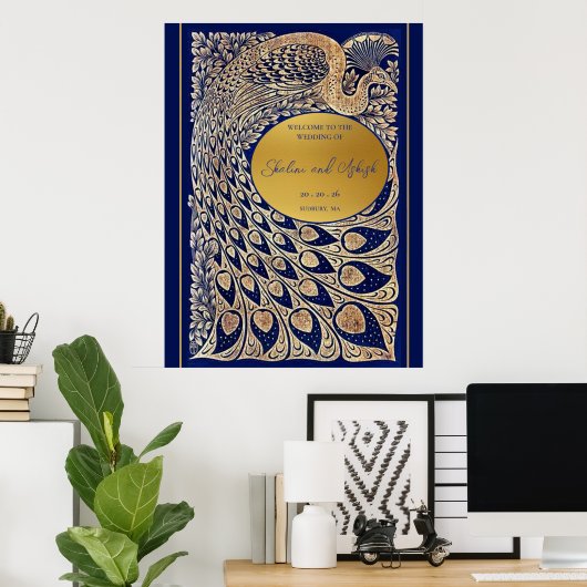 Blauw Goud Pauw Art Nouveau Huwelijk Welkom Poster (Thuiskantoor)