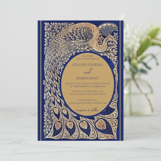 Blauw Goud Pauw Art Nouveau Huwelijksuitnodiging Kaart (Staand voorkant)