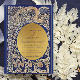 Blauw Goud Pauw Art Nouveau Huwelijksuitnodiging Kaart