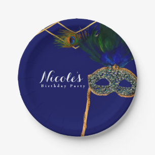 Blauw & Goud Pauw Maskerade Aangepast Feest Papieren Bordje
