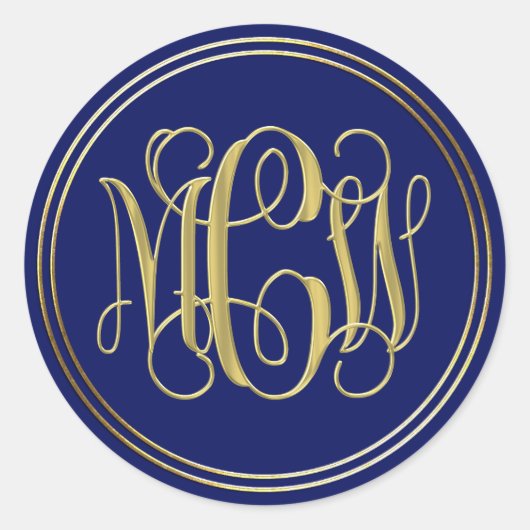 Blauw Goud Preppy Vine Script Monogram DIY BG Ronde Sticker (Voorkant)