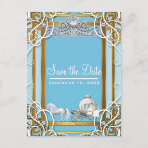 Blauw Goud Prinses Kroon & Koets Save the Date Aankondigingskaart