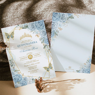 Blauw Goud Quinceañera Vlinder Geometrisch Lijst Kaart