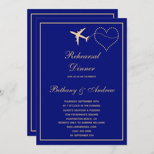 Blauw Goud Reizen Huwelijk repetitie Diner Kaart (Voorkant / Achterkant)