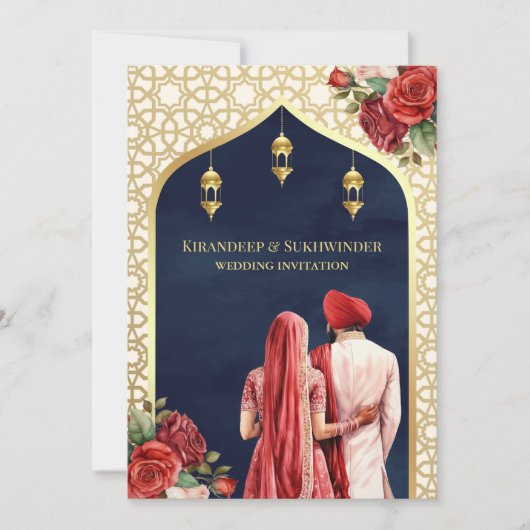 Blauw Goud Rood Rose Bloemen Anand Karaj Sikh Brui Kaart (Voorkant)