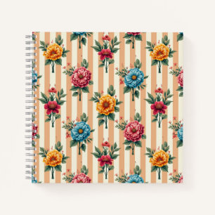 Blauw Goud Roze Bloemen op Taupe Strepen Notitieboek