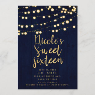 Blauw Goud Rustiek Hout & Lichten Sweet 16 Kaart