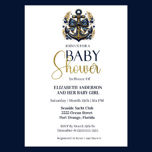 Blauw Goud Scheepsanker Jongens Baby Shower Kaart