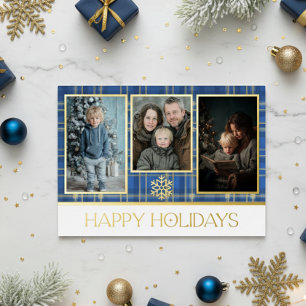 Blauw & Goud Schotse Ruit Happy Holidays Foto Folie Feestdagenkaart