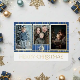 Blauw & Goud Schotse Ruit Kerstmis Foto Folie Feestdagenkaart