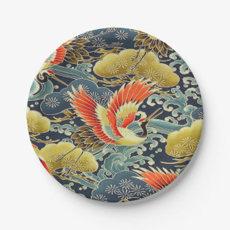 Blauw Goud Sinaasappel Japans Kimono Vogelkraan Papieren Bordje