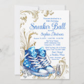 Blauw Goud Sneaker Bal Verjaardagsfeestuitnodiging Kaart (Voorkant)