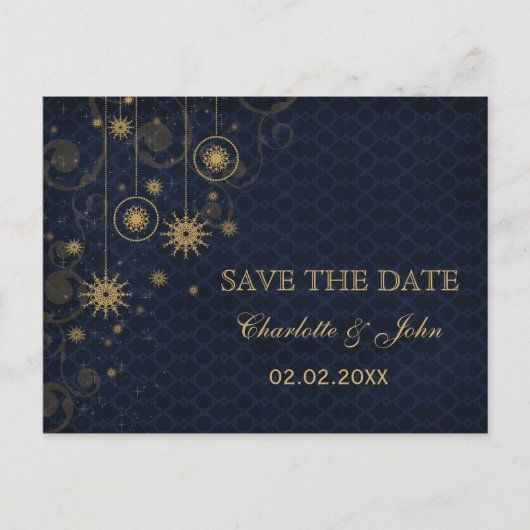 Blauw goud Snowflakes Winter behalve datum Aankondigingskaart (Voorkant)
