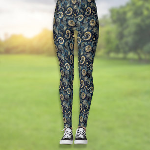 Blauw Goud Steampunk Versnellingen Paisley Elegant Leggings