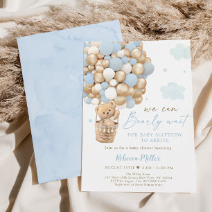 Blauw Goud Teddybeer Hete Luchtballon Baby shower Kaart
