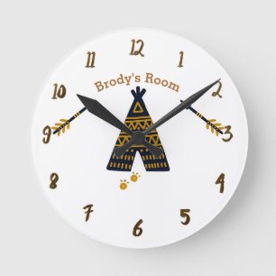 Blauw & Goud Tipi Boho Rusticaal Gepersonaliseerde Ronde Klok