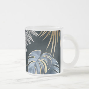 Blauw Goud Tropisch Palmenbladeren Patroon Kunst Matglas Koffiemok