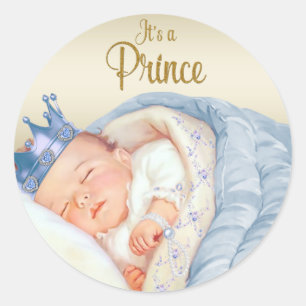 Blauw Goud Vintage Prins Baby Shower Ronde Sticker