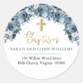 Blauw Goud Waterverf Bloemen Doop Retouradres Ronde Sticker (Voorkant)