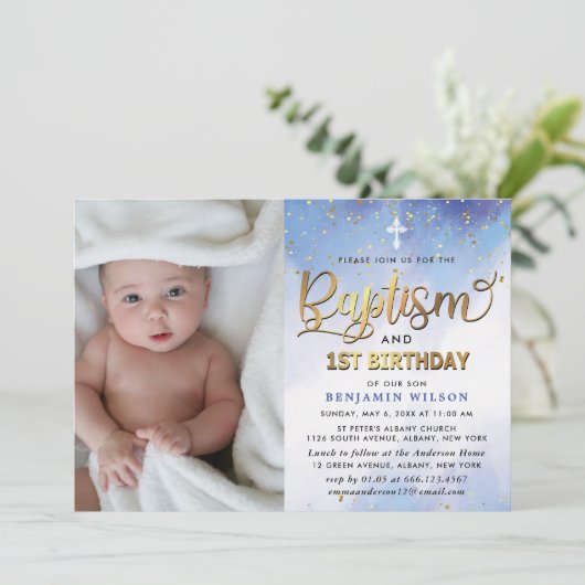 Blauw & Goud Waterverf Jongensdoop & 1e Verjaardag Kaart (Staand voorkant)
