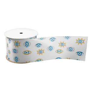 Blauw, Goud & Wit Grieks Oog Mati Patroon Lint