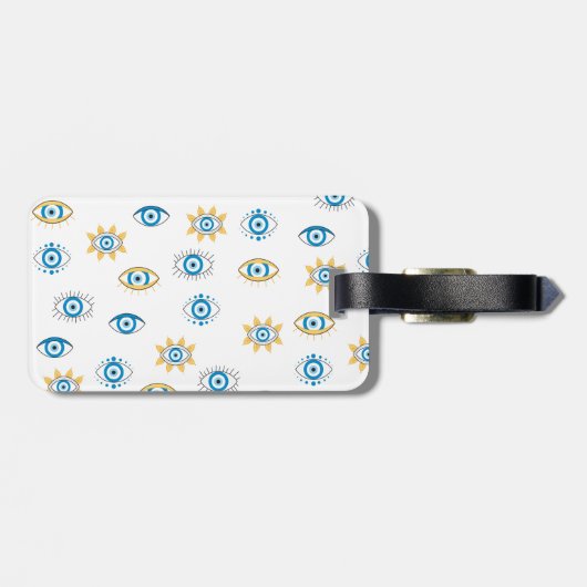 Blauw, Goud & Wit Grieks Oogmati Patroon Bagagelabel (Achterkant horizontaal)