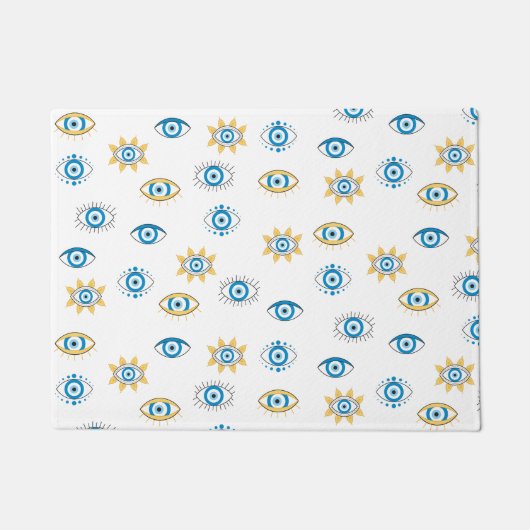 Blauw, Goud & Wit Grieks Oogmati Patroon Deurmat (Voorkant)