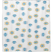 Blauw, Goud & Wit Grieks Oogmati Patroon Douchegordijn (Voorkant)