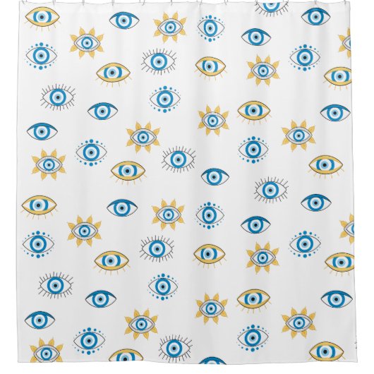 Blauw, Goud & Wit Grieks Oogmati Patroon Douchegordijn (Voorkant)