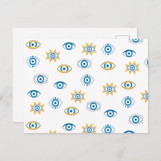 Blauw, Goud & Wit Grieks Oogmati Patroon Feestdagenkaart (Voorkant / Achterkant)