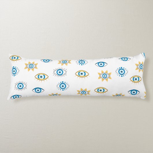 Blauw, Goud & Wit Grieks Oogmati Patroon Lichaamskussen (Voorkant)