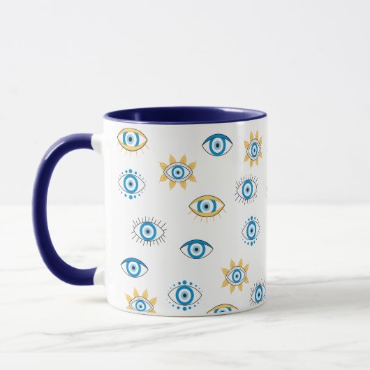 Blauw, Goud & Wit Grieks Oogmati Patroon Mok (Links)